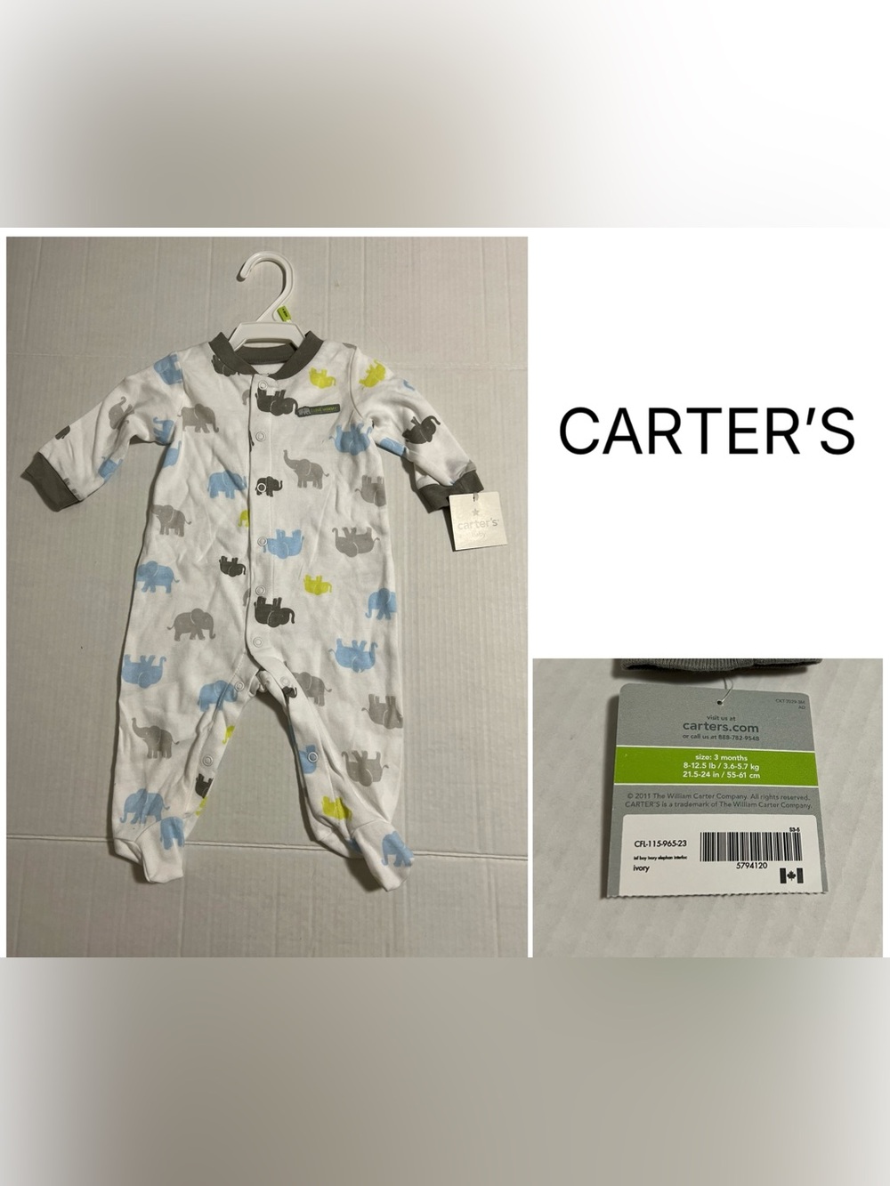 CARTER’S - 3M - NWT - INFANT BOYS BLUE GREEN GREY ELEPHANT SLEEPER